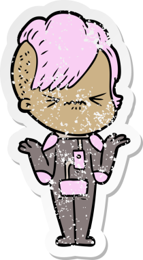 Bir insan tarafından çizilmiş uzay giysisi giymiş sinirli bir hippi kızın sıkıntılı çıkartması.