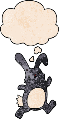 Düşünce baloncuğuyla koşan çizgi film tavşanı bir insan tarafından çizilmiş grunge desen tarzı.