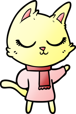 Bir insan tarafından çizilmiş eşarp takan sakin çizgi film kedisi.