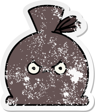 Bir insan tarafından çizilmiş şirin bir karikatür çuvalının sıkıntılı çıkartması.