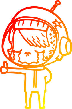 Karikatür çizen, ağlayan astronot bir kızın sıcak çizgi çizimi. Bir insan tarafından çizilmiş başparmak işareti.