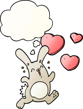 Düşünce baloncuğuna aşık çizgi film tavşanı bir insan tarafından çizilmiş.