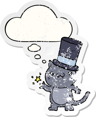 Düşünce baloncuklu silindir şapka takan çizgi film kedisi insan tarafından çizilmiş yıpranmış bir çıkartma.