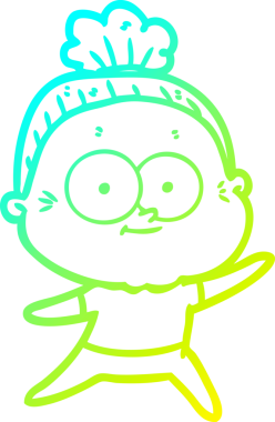 Bir insan tarafından çizilmiş, mutlu, yaşlı bir kadının çizimi.