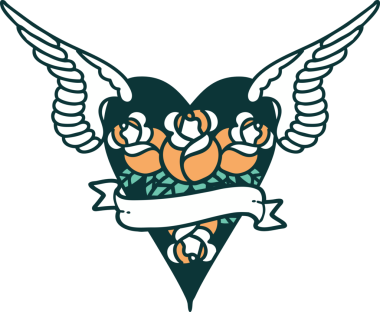 Bir insan tarafından çizilmiş çiçek ve bayrak ile uçan bir kalbin ikonik dövme görüntüsü