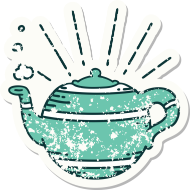 Bir insan tarafından çizilmiş eski dövme stili buharlı çaydanlık etiketi.