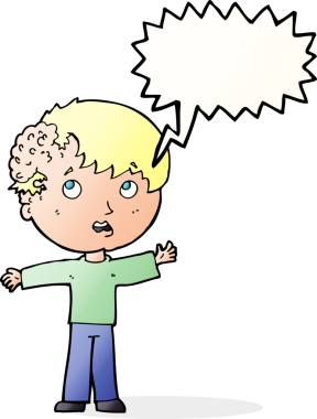 Bir insan tarafından çizilmiş konuşma baloncuğuyla kafasında büyüyen çizgi film çocuğu.