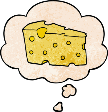 Bir insan tarafından çizilmiş grunge desenli düşünce baloncuklu çizgi film peyniri.