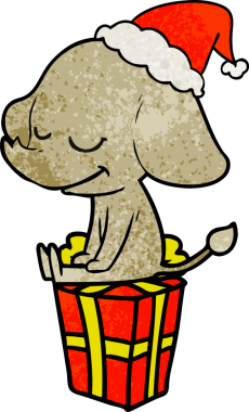 Bir insan tarafından çizilmiş Noel Baba şapkası takan gülümseyen bir filin el çizimi.