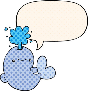 Çizgi roman tarzında bir insan tarafından çizilmiş balina konuşma balonuyla su püskürtüyor.