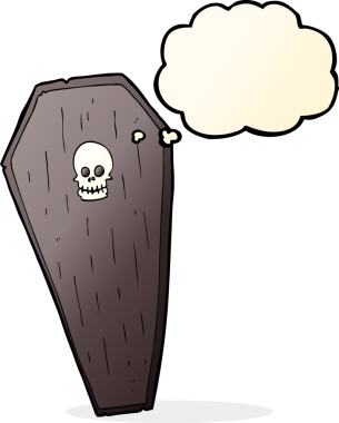 Bir insan tarafından çizilmiş düşünce baloncuklu ürkütücü karikatür tabut.