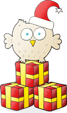 Bir insan tarafından çizilmiş Noel şapkası takan küçük baykuş çizimi.