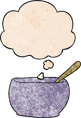 Düşünce baloncuklu karikatür çorba kasesi. Bir insan tarafından çizilmiş grunge desenli.