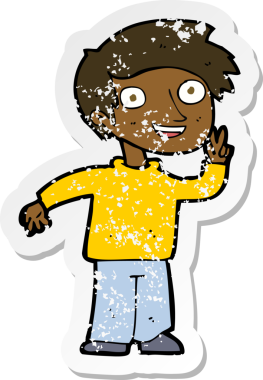 Bir insan tarafından çizilen fotoğraf için poz veren bir çizgi film çocuğunun gerilimli retro yapıştırması.