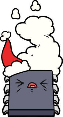 Aşırı ısınan bir bilgisayar çipinin el çizimi. Bir insan tarafından çizilmiş Noel Baba şapkası.