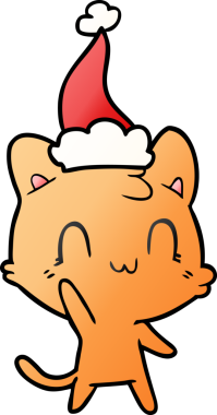 Noel Baba şapkası takan mutlu bir kedinin insan tarafından çizilmiş el çizimi karikatürü.