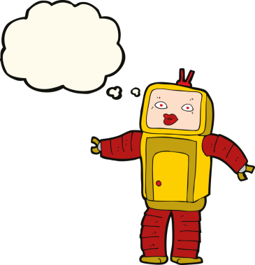 Bir insan tarafından çizilmiş düşünce baloncuklu komik robot.