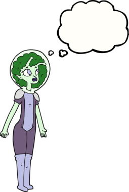 Bir insan tarafından çizilmiş serbest çizim düşünce balonu uzaylı kız.