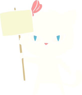 Sevimli düz renkli çizgi film kedisi. Protesto işareti bir insan tarafından çizilmiş.