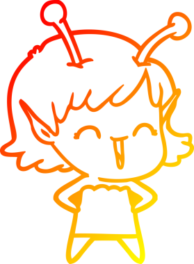 Bir insan tarafından çizilen gülen uzaylı bir kızın sıcak çizgi çizimi.