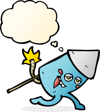 Bir insan tarafından çizilmiş düşünce baloncuklu komik havai fişek karakteri.