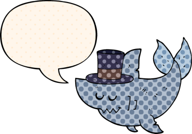 Çizgi roman tarzında konuşma balonu olan silindir şapka takan bir insan tarafından çizilmiş bir köpek balığı.