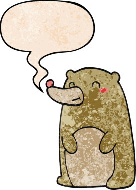 Bir insan tarafından çizilmiş eski tarz konuşma baloncuğu olan sevimli çizgi film ayısı.