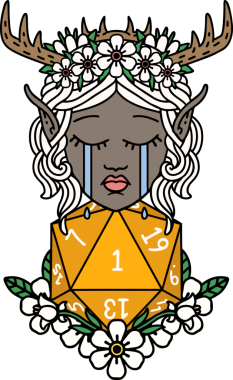 Retro Dövme Tarzı Ağlayan Elf Druid karakteri suratı Bir insan tarafından çizilmiş doğal bir D20 ruloyla