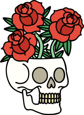 Bir insan tarafından çizilmiş geleneksel bir kafatası ve gül dövmesi.