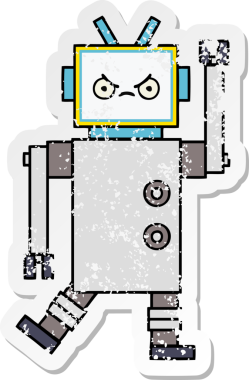 Bir insan tarafından çizilmiş sevimli bir robot çizgi film çıkartması.