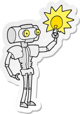 Bir insan tarafından çizilmiş ampullü çizgi film robotunun çıkartması.