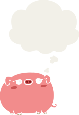 Bir insan tarafından çizilmiş düşünce baloncuklu şirin çizgi film domuzu.