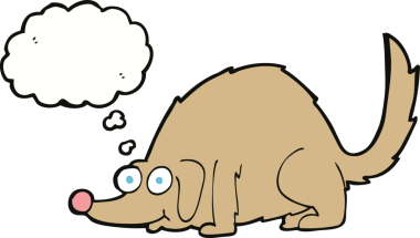 Bir insan tarafından çizilmiş düşünce balonlu mutlu bir köpek.