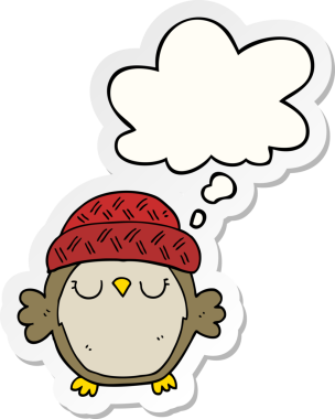 Düşünce baloncuklu şapkalı şirin baykuş bir insan tarafından çizilmiş bir çıkartma.