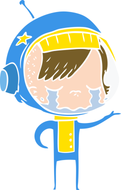 Düz renkli çizgi film ağlayan astronot kız bir insan tarafından çizilmiş.