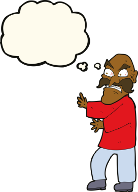 Bir insan tarafından çizilmiş düşünce baloncuğu olan kızgın yaşlı bir adam.