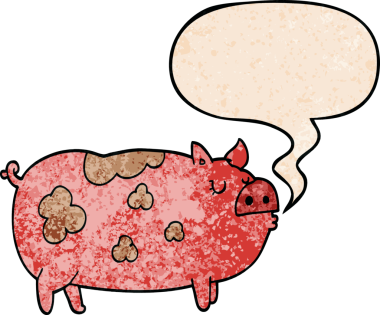 Bir insan tarafından çizilmiş eski moda konuşma baloncuklu çizgi film domuzu.