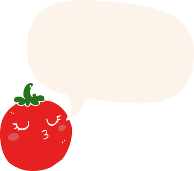 bir insan tarafından çizilmiş, konuşma baloncuklu çizgi film domatesi