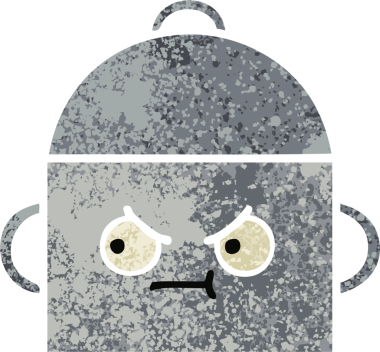 Bir insan tarafından çizilmiş yemek tenceresinin retro çizim tarzı karikatürü.