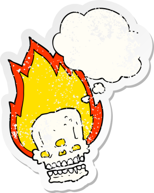 İnsan tarafından çizilmiş yıpranmış bir çıkartma gibi üzerinde düşünce kabarcığı olan korkunç bir karikatür.