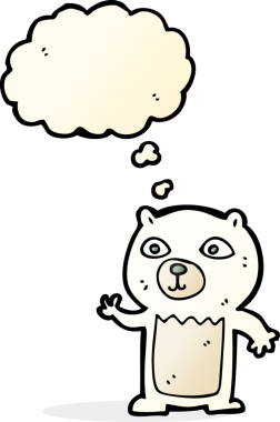 Bir insan tarafından çizilmiş düşünce baloncuğu ile kutup ayısı yavrusu sallayan çizgi film