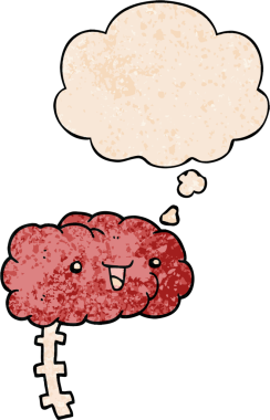 Bir insan tarafından çizilmiş grunge desenli düşünce baloncuklu mutlu çizgi film beyni.