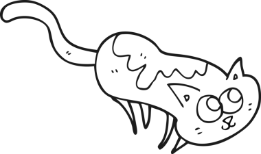 Bir insan tarafından çizilmiş siyah beyaz çizgi film kedisi.