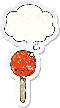Düşünce baloncuklu çizgi film şekeri insan tarafından çizilmiş yıpranmış bir çıkartma.