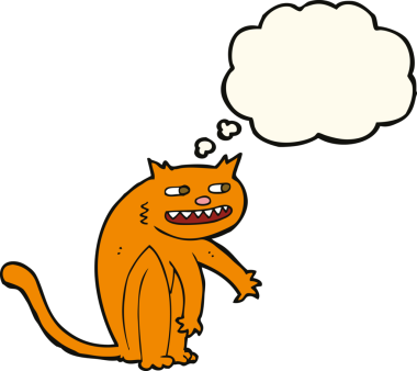 Bir insan tarafından çizilmiş düşünce balonlu mutlu kedi çizgi filmi.