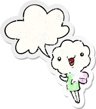 Konuşma baloncuğu olan sevimli çizgi film yaratığı bir insan tarafından çizilmiş sıkıntılı eski bir çıkartma.