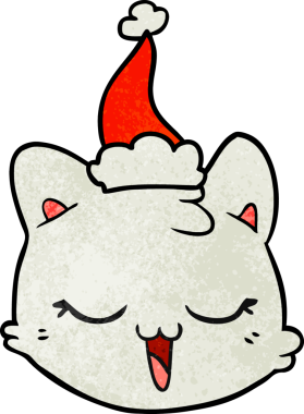 Bir insan tarafından çizilmiş Noel Baba şapkası takan kedi suratlı bir karikatür.