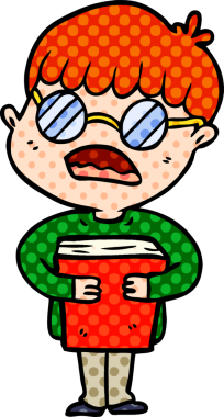 Çizgi filmci çocuk, bir insan tarafından çizilmiş gözlük takarak kitabı kucaklıyor.