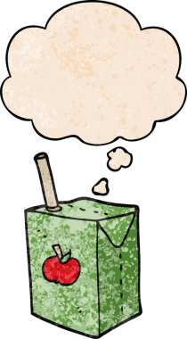 bir insan tarafından çizilmiş grunge desenli düşünce baloncuklu elma suyu kutusu.