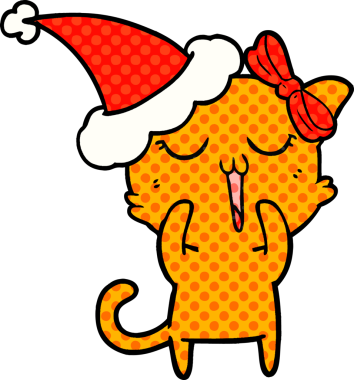 Bir insan tarafından çizilmiş Noel Baba şapkası takan bir kedinin el çizimi çizgi roman tasviri